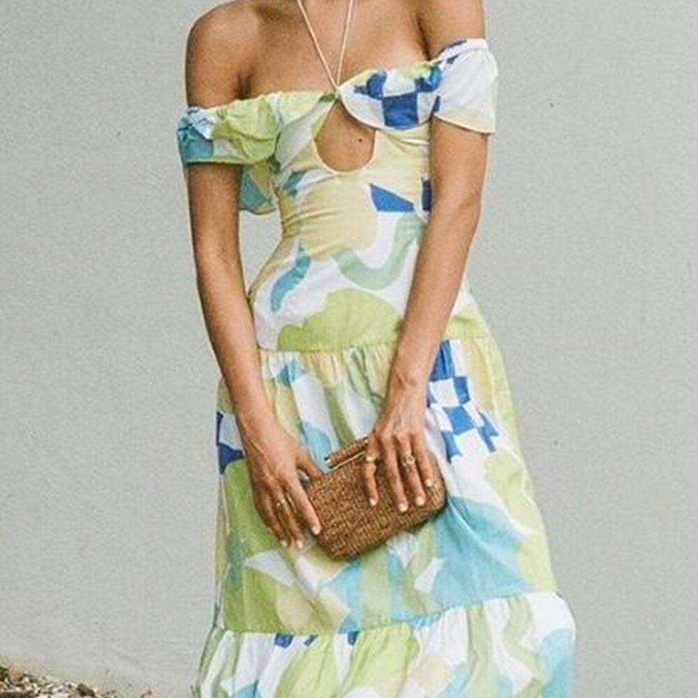 SABO Skirt Adorne Midi Dress Checker Floral Aliza Off Shoulder Cutout S